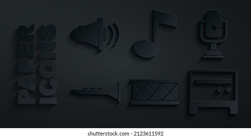Set Drum, Microphone, Clarinet, Guitar amplifier, Music note, tone and Speaker volume icon. Vector