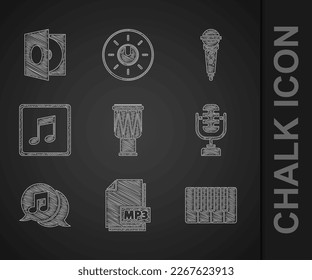 Set Drum, MP3 file document, Music synthesizer, Microphone, Musical note in speech bubble, note, tone,  and Vinyl player with vinyl disk icon. Vector