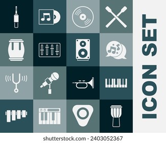 Set Drum, Music synthesizer, note, tone, Vinyl disk, Sound mixer controller, Audio jack and Stereo speaker icon. Vector