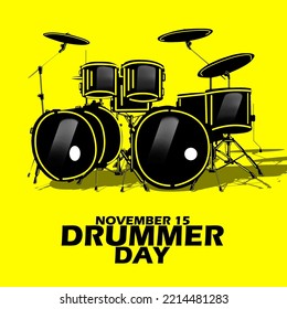 A set of drum musical instruments with bold text on a yellow background to celebrate Drummer Day on November 15