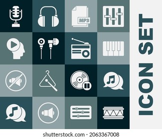 Set Drum, Musical note in speech bubble, synthesizer, MP3 file document, Air headphones, Head people with play button, Microphone and Radio antenna icon. Vector