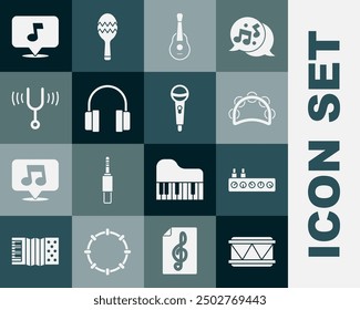 Set Drum, Sound mixer controller, Tambourine, Guitar, Headphones, Musical tuning fork, note, tone and Microphone icon. Vector