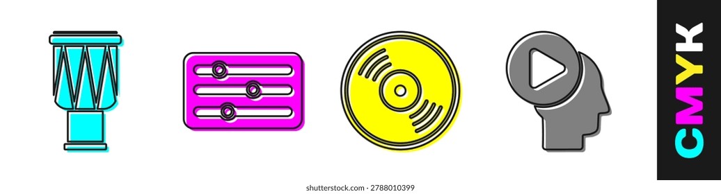 Set Drum, Sound mixer controller, Vinyl disk and Head people with play button icon. Vector