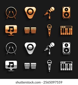 Set Drum, Stereo speaker, Music synthesizer, Microphone, note, tone, and drum sticks and Guitar pick icon. Vector