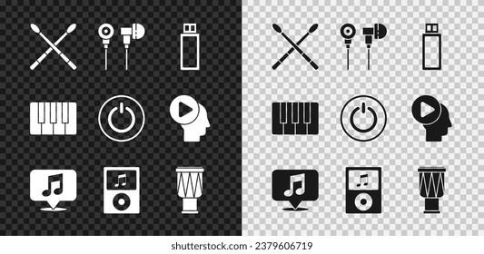 Set Drum sticks, Air headphones, USB flash drive, Musical note in speech bubble, player, synthesizer and Power button icon. Vector