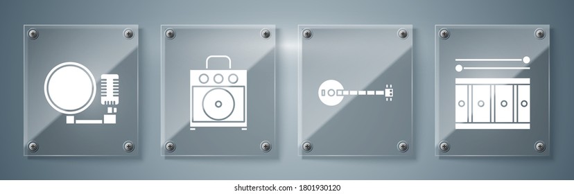 Set Drum with drum sticks, Banjo, Guitar amplifier and Microphone. Square glass panels. Vector