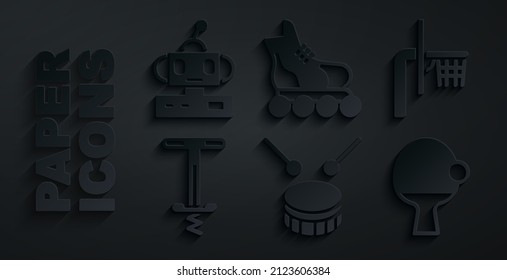 Set Drum with drum sticks, Basketball backboard, Pogo jumping toy, Racket and, Roller skate and Robot icon. Vector
