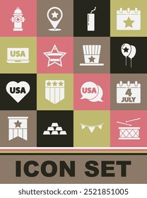 Set Drum und Drum Sticks, Kalender mit Datum 4. Juli, Ballons, Dynamite Bomb, USA Independence Day, Laptop, Feuerhydrant und Patriotic American Hut Ikone. Vektorgrafik