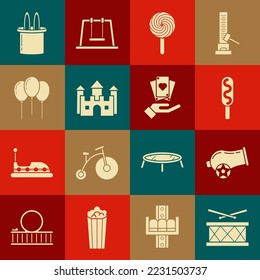 Set Drum with drum sticks, Cannon, Corn dog, Lollipop, Castle, Balloons ribbon, Magician hat and rabbit ears and Hand holding playing cards icon. Vector