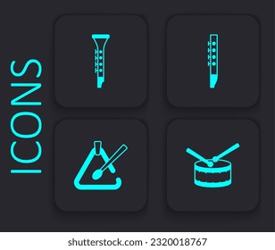Set Drum with drum sticks, Clarinet, Flute and Triangle musical instrument icon. Black square button. Vector
