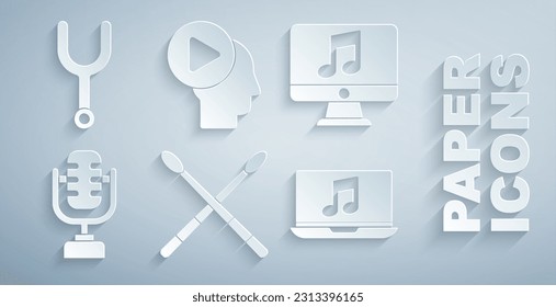 Set Drum sticks, Computer with music note, Microphone, Laptop, Head people play button and Musical tuning fork icon. Vector