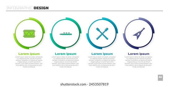 Set Drum, and drum sticks,  and Electric bass guitar. Business infographic template. Vector