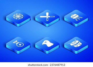 Set Drum and drum sticks, Firework, Eagle head, Medal with star, Crossed baseball bat and Barbecue grill icon. Vector