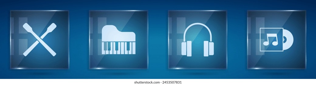 Set Drum sticks, Grand piano, Headphones and Vinyl disk. Square glass panels. Vector