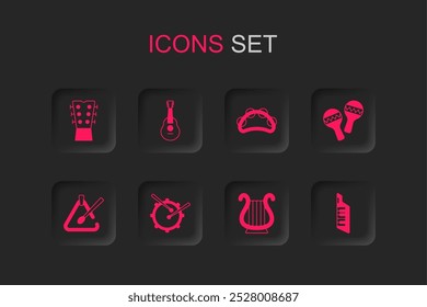 Set Drum with drum sticks, Guitar, neck, Ancient Greek lyre, Maracas, Keytar, Tambourine and Triangle musical instrument icon. Vector