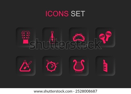 Set Drum with drum sticks, Guitar, neck, Ancient Greek lyre, Maracas, Keytar, Tambourine and Triangle musical instrument icon. Vector