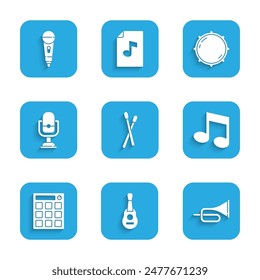 Set Drum sticks, Guitar, Trumpet, Music note, tone, machine, Microphone, Dial knob level and  icon. Vector