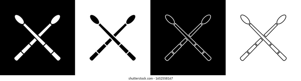 Set Drum sticks icon isolated on black and white background. Musical instrument.  Vector Illustration
