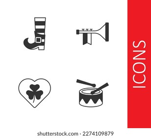 Trommel mit Trommelsticks, Leprechaun-Stiefel, Heart Kleeblatt und Trumpet-Symbol setzen. Vektorgrafik