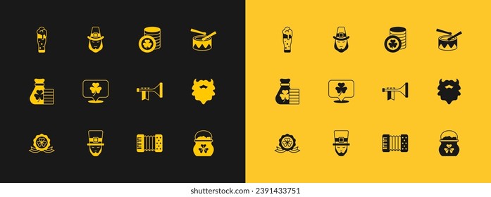 Set Drum with drum sticks, Leprechaun, Trumpet, Accordion, Clover trefoil leaf, Golden leprechaun coin, Glass of beer and  icon. Vector