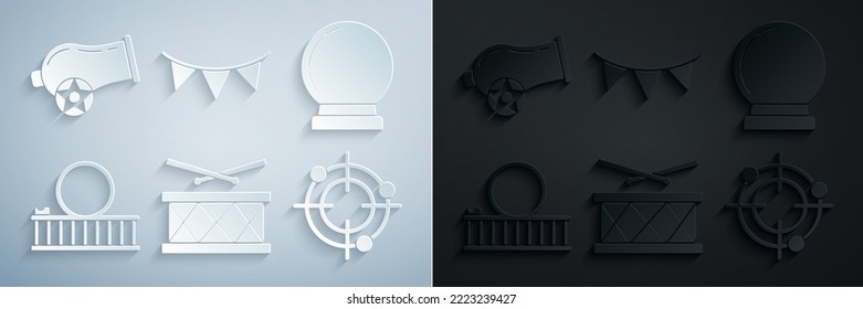 Set Drum with drum sticks, Magic ball, Roller coaster, Target sport for shooting competition, Carnival garland flags and Cannon icon. Vector