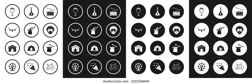 Set Drum with drum sticks, Magician hat, Carnival garland flags, Circus fire hoop, Wild lion, Balalaika, wand and tent icon. Vector