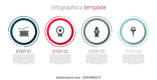 Set Drum and drum sticks, Medal with star, Fire hydrant and Torch flame. Business infographic template. Vector