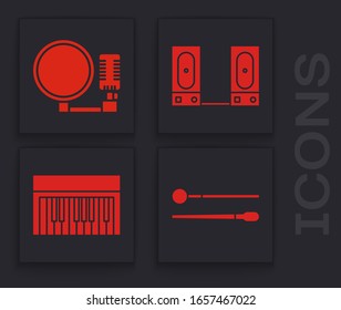 Set Drum sticks, Microphone, Stereo speaker and Music synthesizer icon. Vector