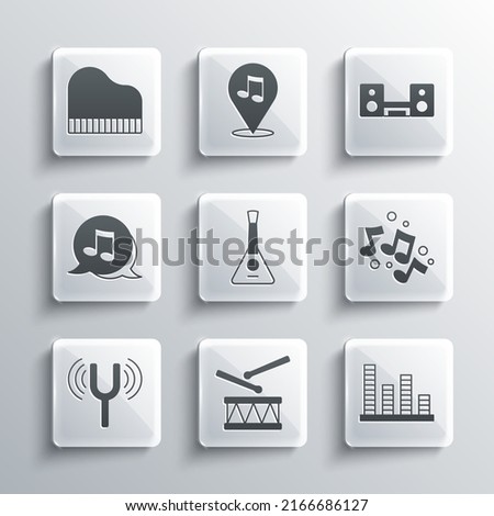 Set Drum with drum sticks, Music equalizer, note, tone, Balalaika, Musical tuning fork, Grand piano and Home stereo two speakers icon. Vector