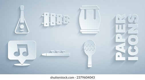 Set Drum and drum sticks, Music note, tone, Maracas, Xylophone and Guitar icon. Vector