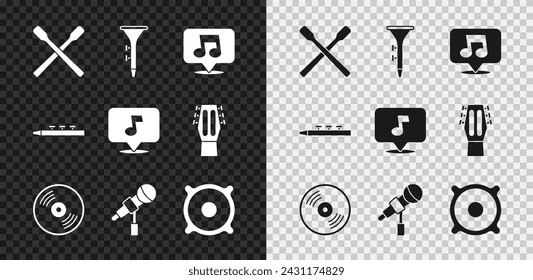 Set Drum sticks, and drum, Music note, tone, Vinyl disk, Microphone, Stereo speaker,  and  icon. Vector