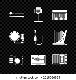 Set Drum sticks, Music stand, synthesizer, Drums, Sound or audio recorder on laptop, tape player, Microphone and Audio jack icon. Vector