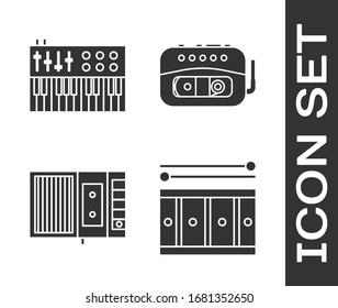 Set Drum with drum sticks, Music synthesizer, Music tape player and Music tape player icon. Vector