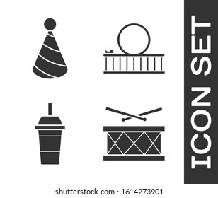 Set Drum with drum sticks, Party hat, Paper glass with drinking straw and water and Roller coaster icon. Vector