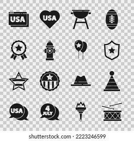 Set Drum and drum sticks, Party hat, Police badge, Barbecue grill, Fire hydrant, Medal with star, USA on browser and Balloons icon. Vector