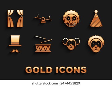 Set Drum with drum sticks, Party hat, Wild lion, Monkey, Magician, Clown head, Circus curtain raises and Seesaw icon. Vector