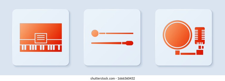 Set Drum sticks, Piano and Microphone. White square button. Vector