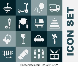 Set Drum with drum sticks, Pinwheel toy, Pyramid, Balloons, Jump rope, Baseball bat ball, Whirligig and Baby stroller icon. Vector