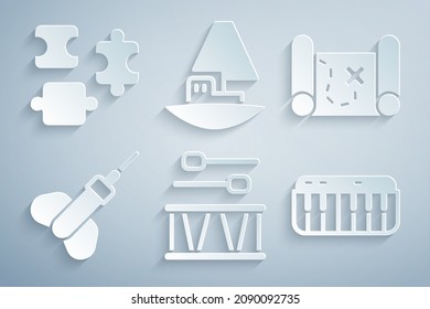 Set Drum with drum sticks, Pirate treasure map, Dart arrow, Music synthesizer, Toy boat and Puzzle pieces toy icon. Vector