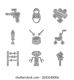 Set Drum with drum sticks, Robot toy, Toy horse, Baby stroller, Abacus, Sword, Puzzle pieces and Ray gun icon. Vector