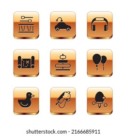 Set Drum with drum sticks, Rubber duck, Toy horse, Pyramid toy, Pirate treasure map, Headphones, Racket and Radio controlled car icon. Vector
