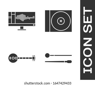 Set Drum sticks, Sound or audio recorder on monitor, Banjo and CD or DVD disk icon. Vector