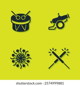 Set Drum and drum sticks, Sparkler firework, Firework and Cannon icon. Vector