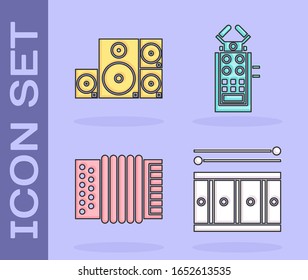 Set Drum with drum sticks, Stereo speaker, Musical instrument accordion and Microphone icon. Vector