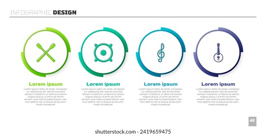 Set Drum sticks, Stereo speaker, Treble clef and Banjo. Business infographic template. Vector