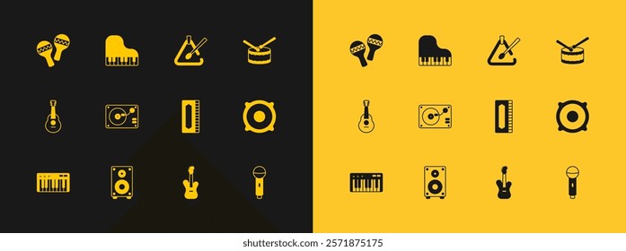 Set Drum with drum sticks, Stereo speaker, Harmonica, Electric bass guitar, Vinyl player vinyl disk, Triangle musical instrument, Maracas and Grand piano icon. Vector