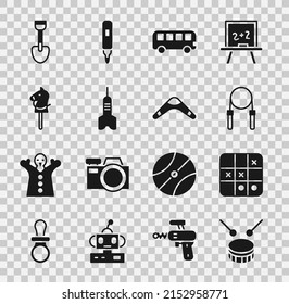 Set Drum with drum sticks, Tic tac toe game, Jump rope, Bus toy, Dart arrow, Toy horse, Shovel and Boomerang icon. Vector