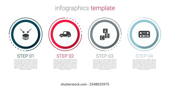 Set Drum with drum sticks, Toy car, ABC blocks and piano. Business infographic template. Vector