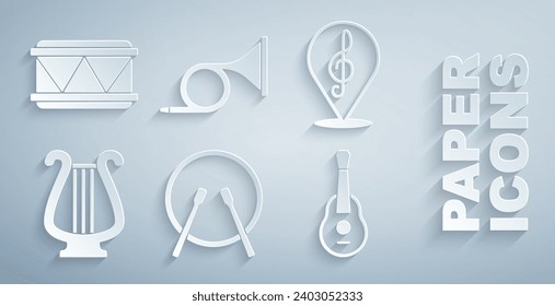 Set Drum and drum sticks, Treble clef, Ancient lyre, Guitar, Trumpet and  icon. Vector