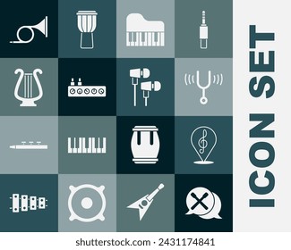 Set Drum sticks, Treble clef, Musical tuning fork, Grand piano, Sound mixer controller, Ancient lyre, Trumpet and Air headphones icon. Vector